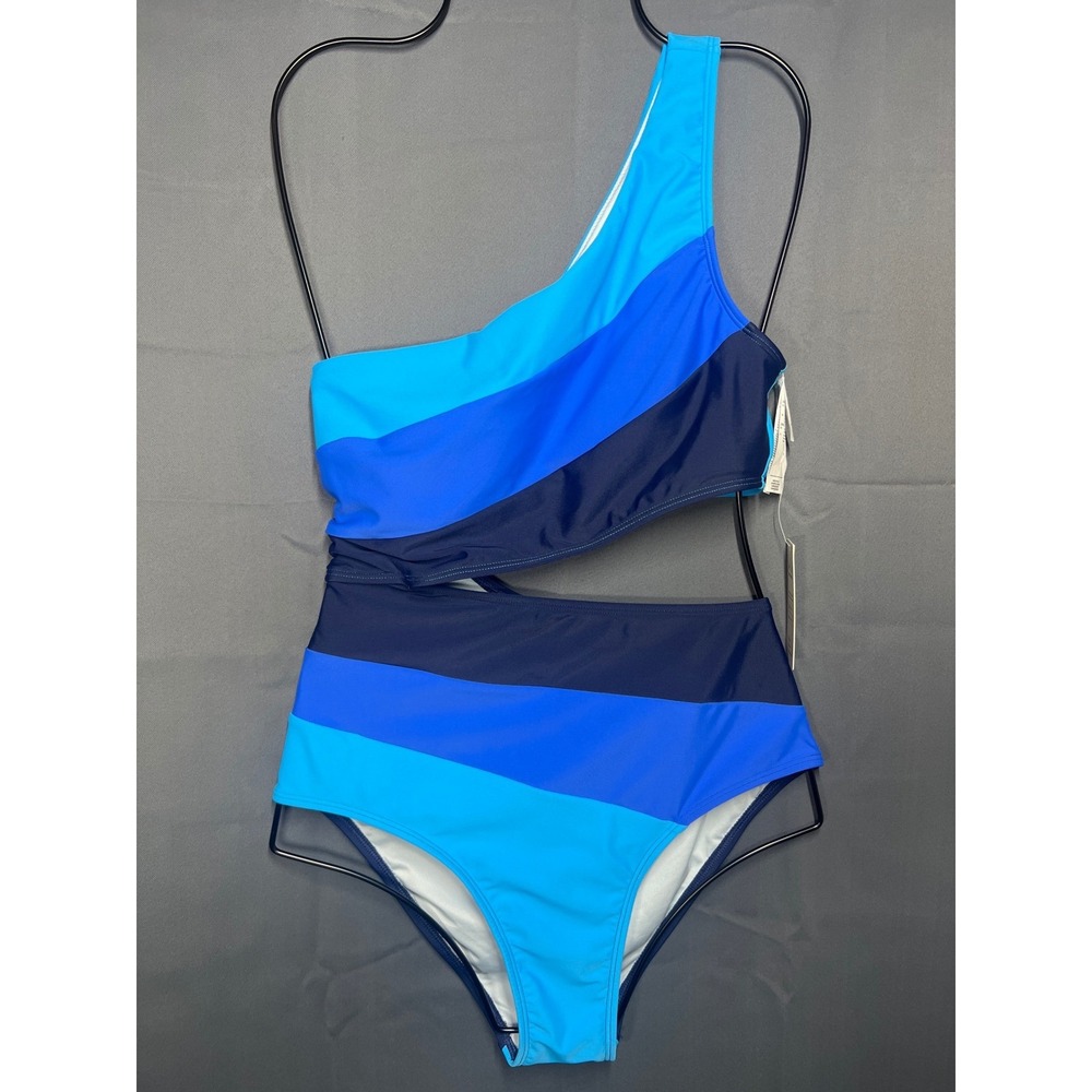 CUPSHE Womens Blue Colorblock One Shoulder Cutout Monokini Swimsuit Size L NEW